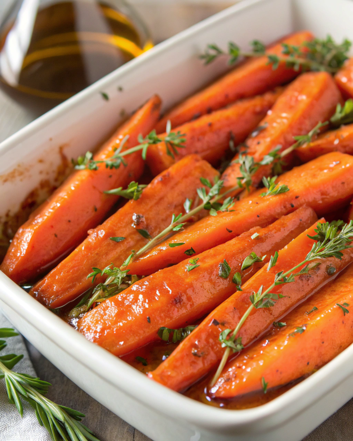 Maple glazed carrots glistening in a dish, garnished with herbs.