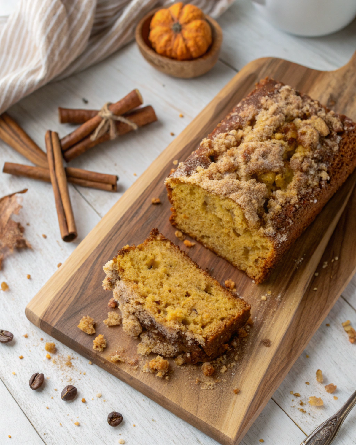 “Freshly baked Pumpkin Cinnamon Crumble Bread cooling in the pan with a golden crust.”