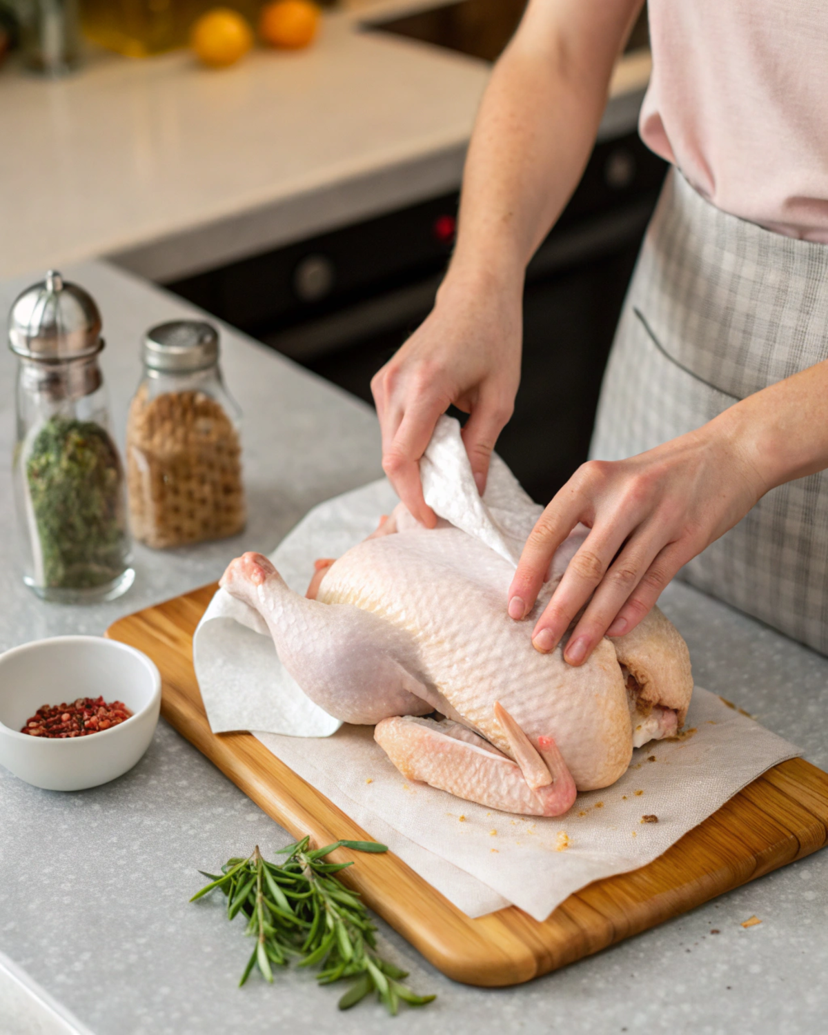 dry a whole chicken with paper towels before seasoning.