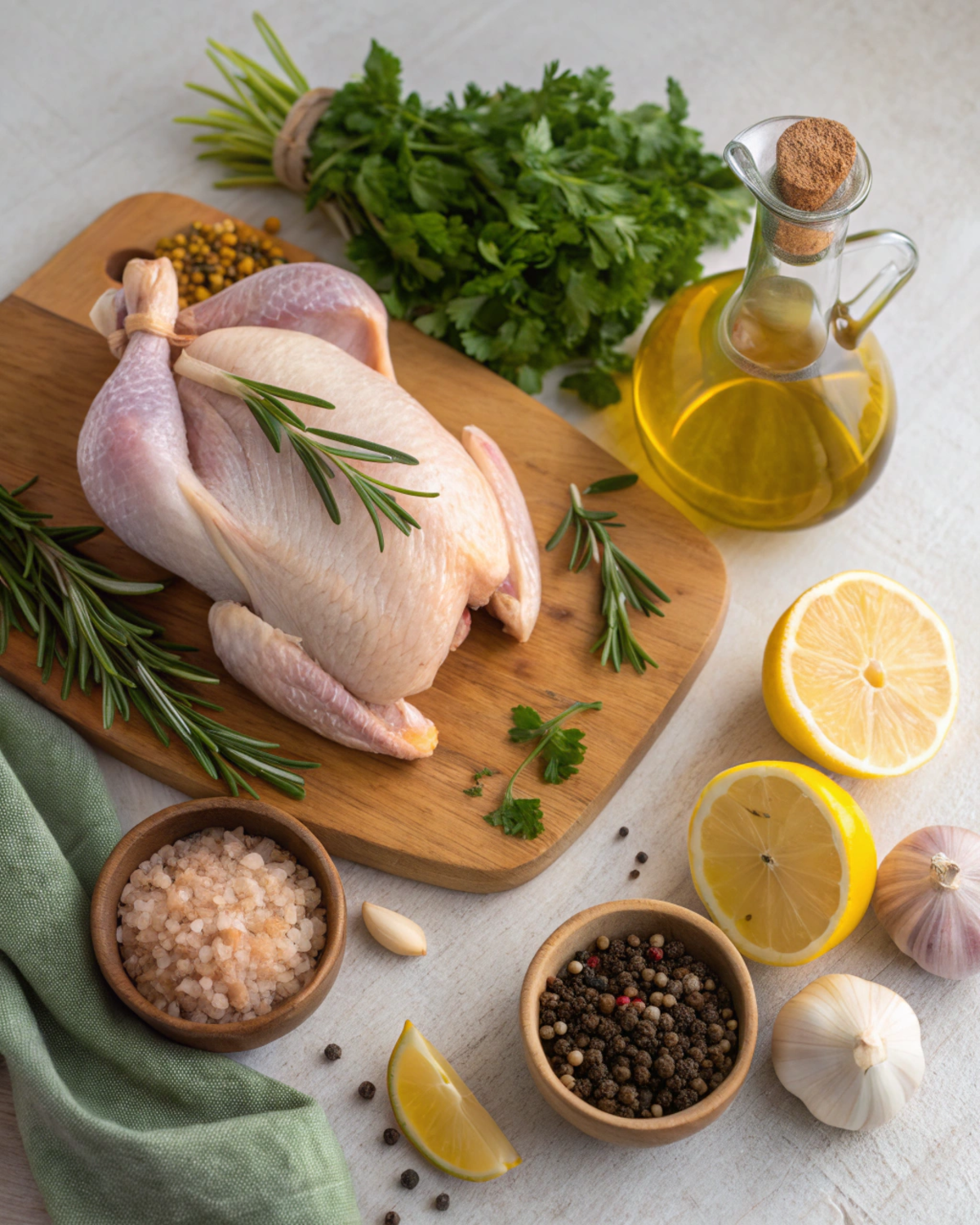 Array of ingredients for chicken rotisserie, including whole chicken, herbs, spices, lemon, garlic, and olive oil.
