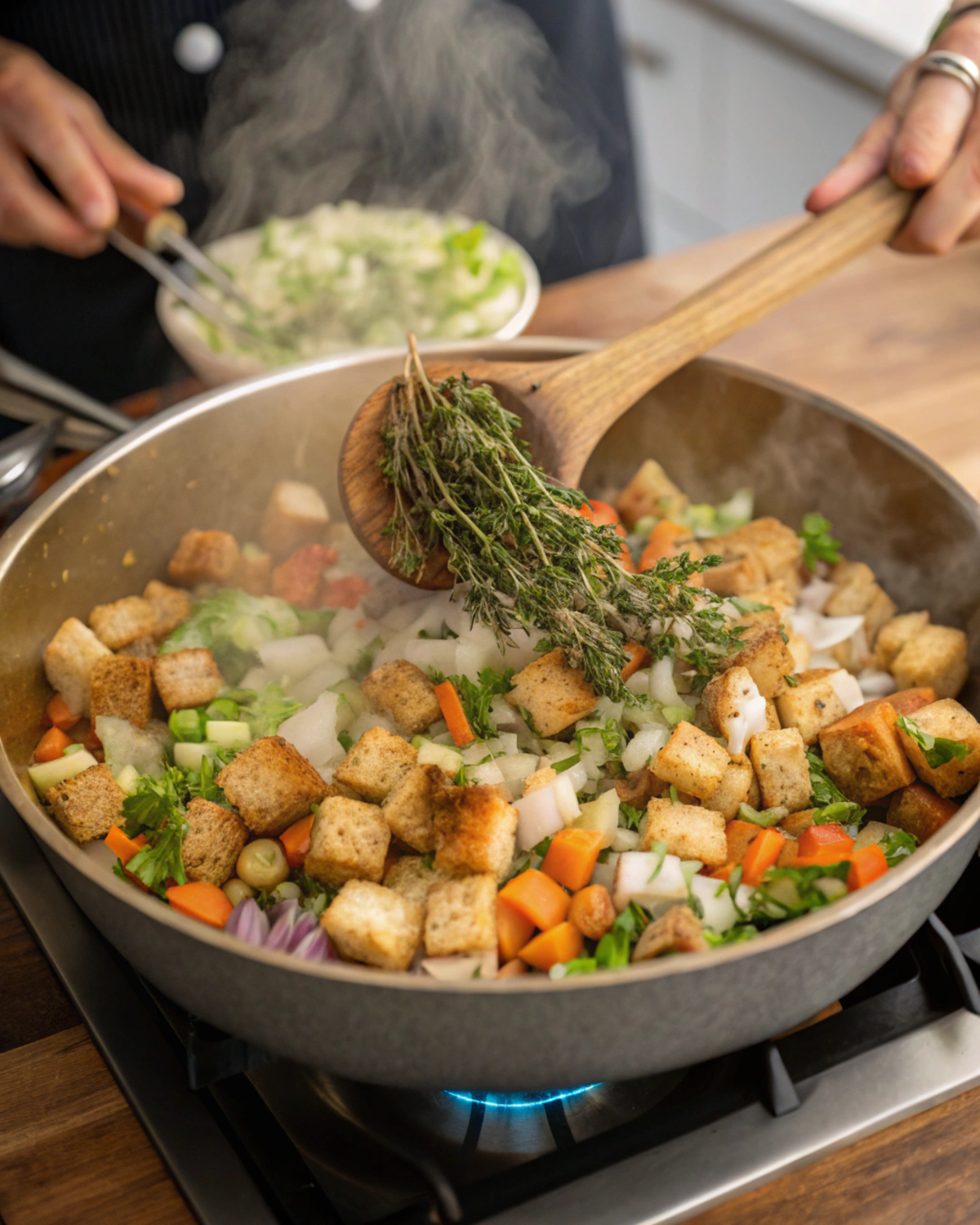 A cook preparing stuffing with sautéed vegetables and herbs in a mixing bowl.