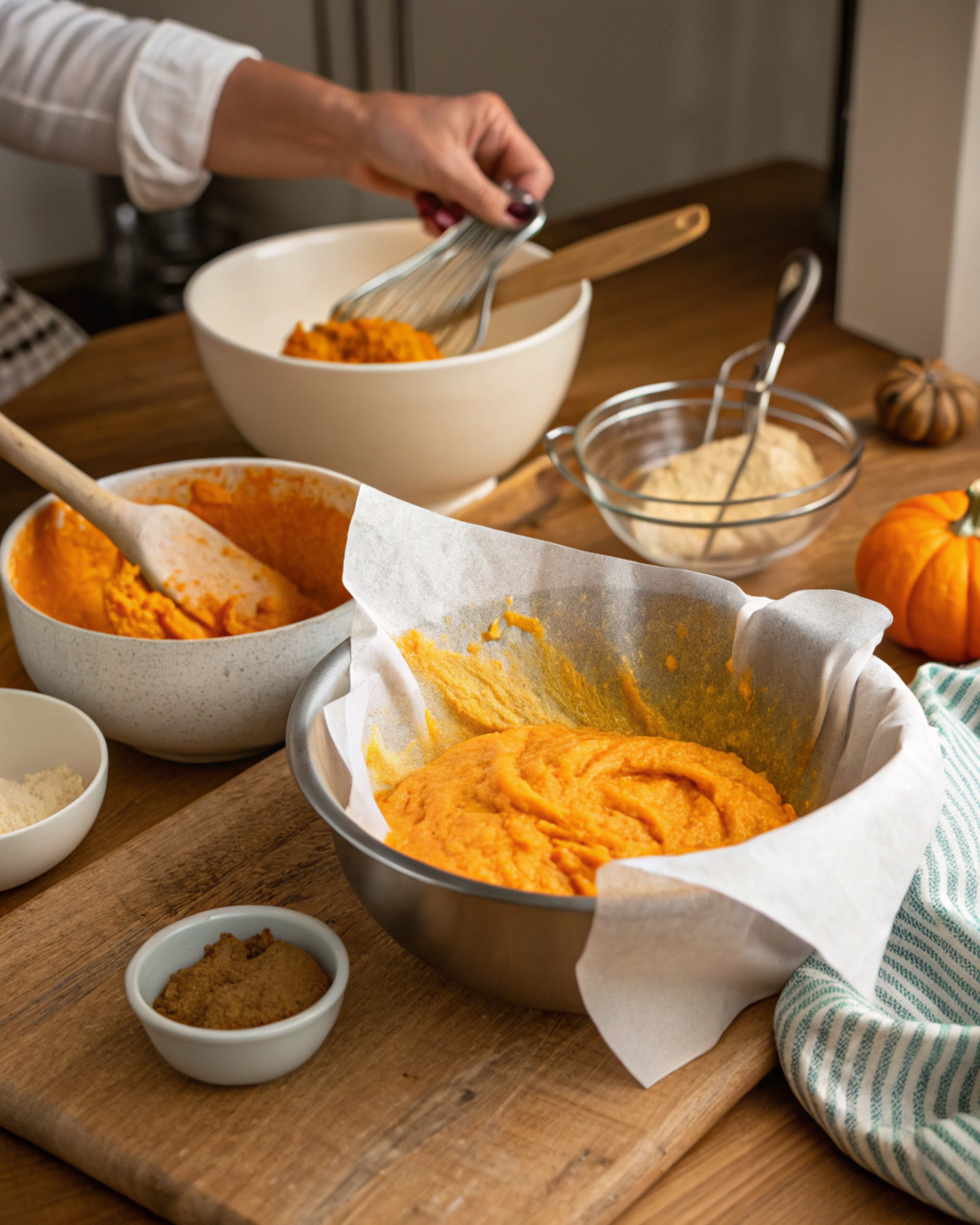 “Pumpkin batter being gently folded until just combined.”
