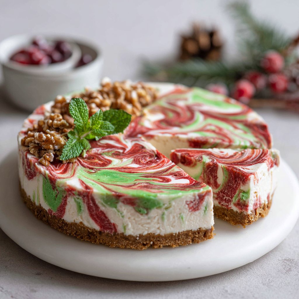 Christmas Swirl No-Bake Cheesecake on a holiday-themed platter decorated with festive ornaments
