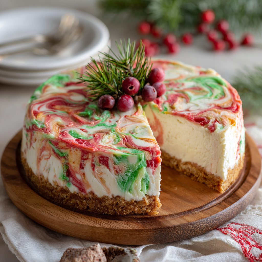 Close-up of sliced Christmas Swirl No-Bake Cheesecake showcasing its creamy texture and vibrant swirls.