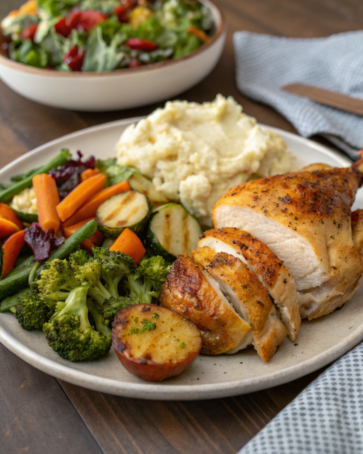 Carved chicken slices arranged on a platter garnished with fresh herbs and lemon wedges.