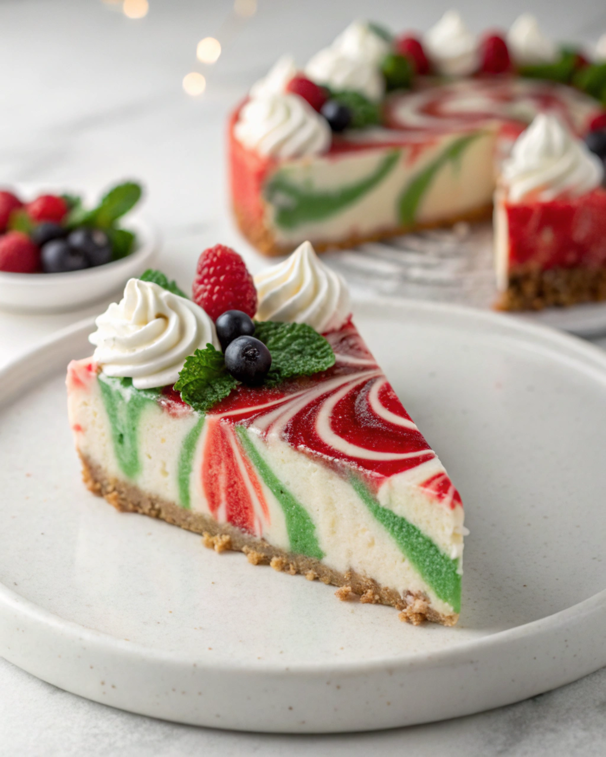 Slice of Christmas Swirl No-Bake Cheesecake garnished with whipped cream and berries.