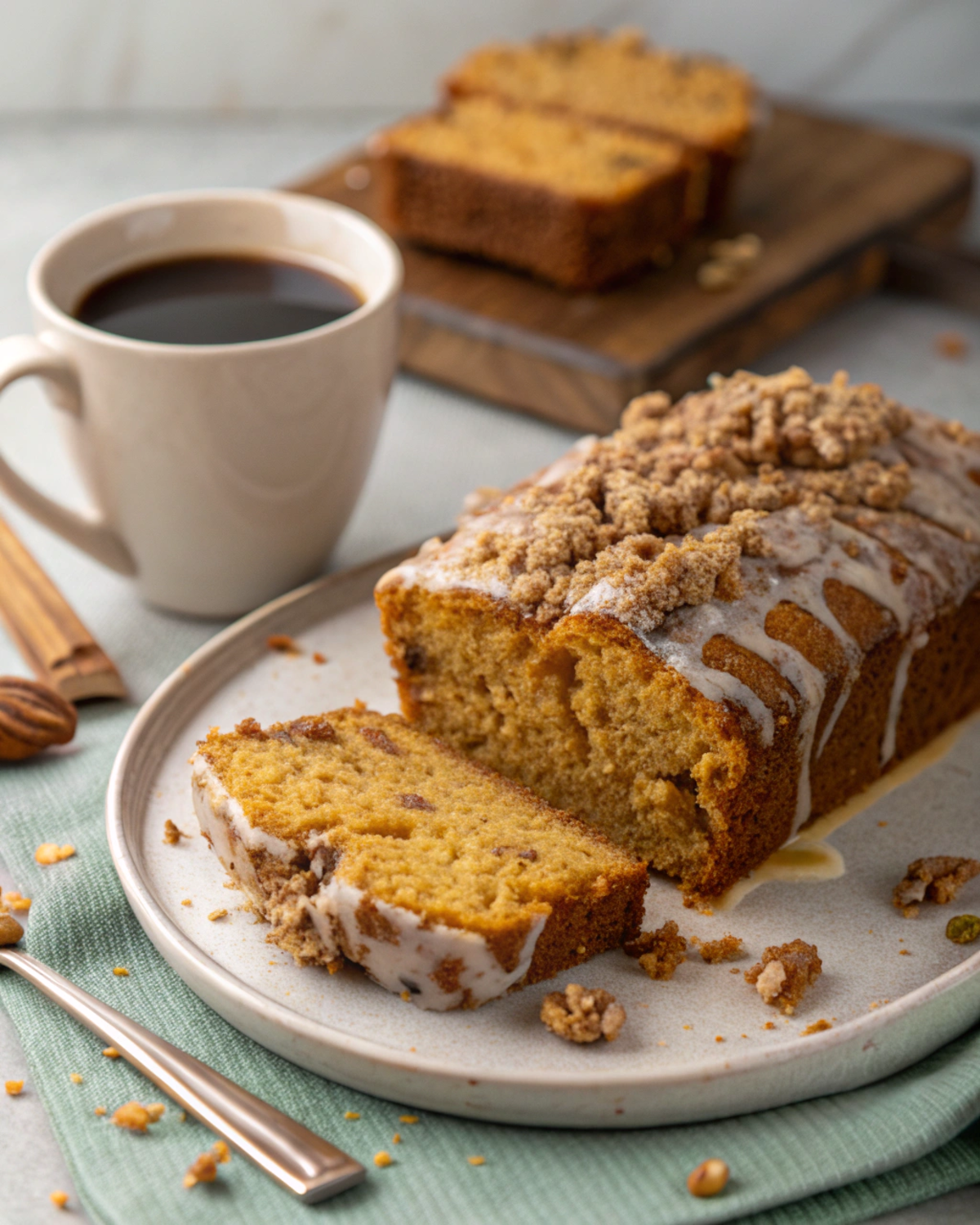 “Slice of Pumpkin Cinnamon Crumble Bread served on a plate with a drizzle of glaze and a cup of coffee.”