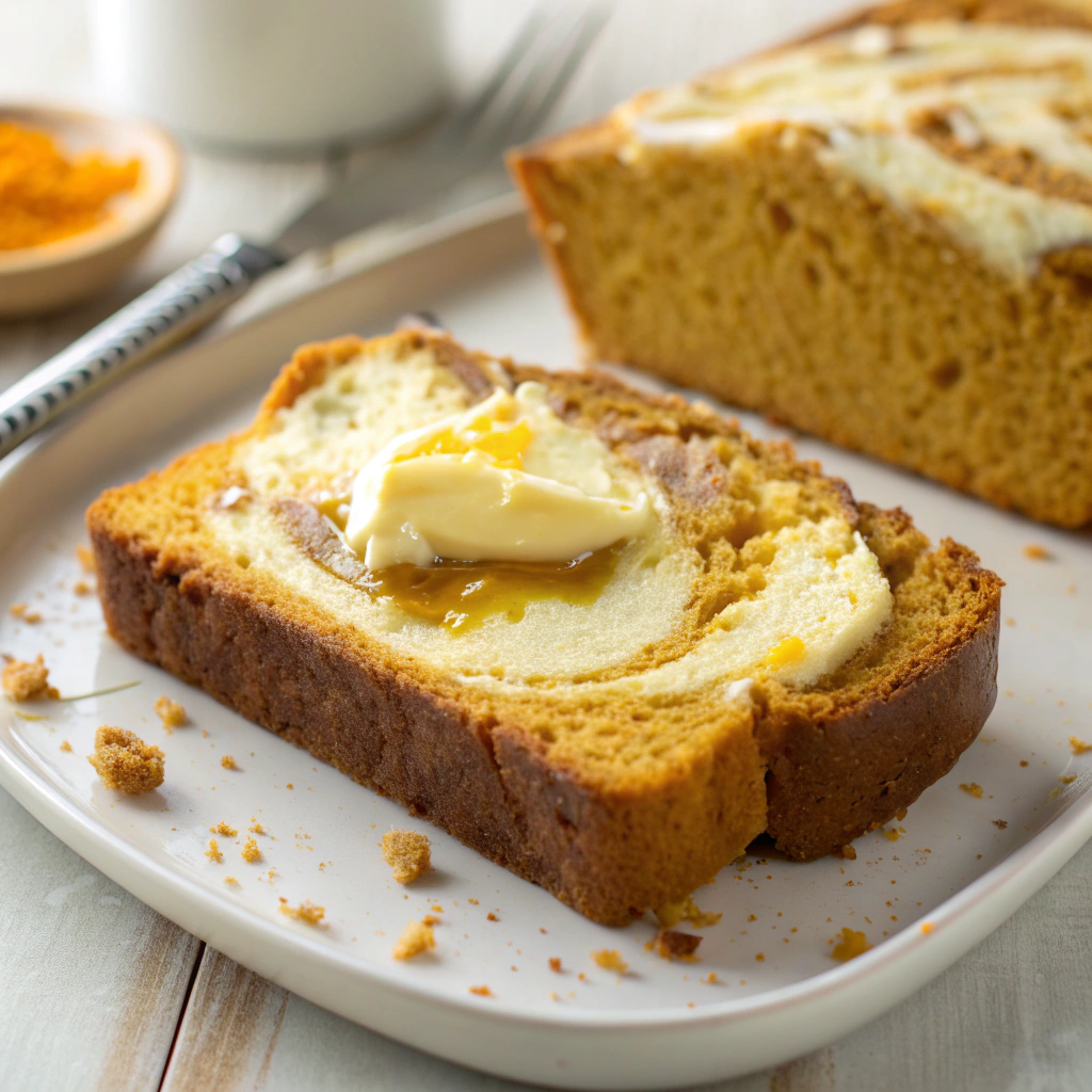 Slice of Pumpkin Cream Cheese Bread topped with butter on a plate
