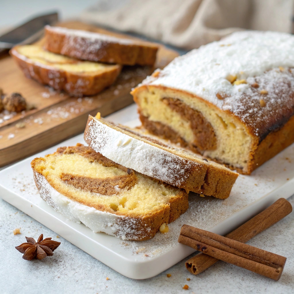 Sliced Pumpkin Cream Cheese Bread decorated with a dusting of powdered sugar and a cinnamon stick