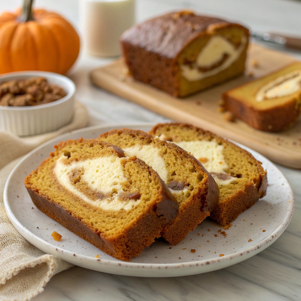 Sliced Pumpkin Cream Cheese Bread with a swirl of cream cheese filling on a plate
