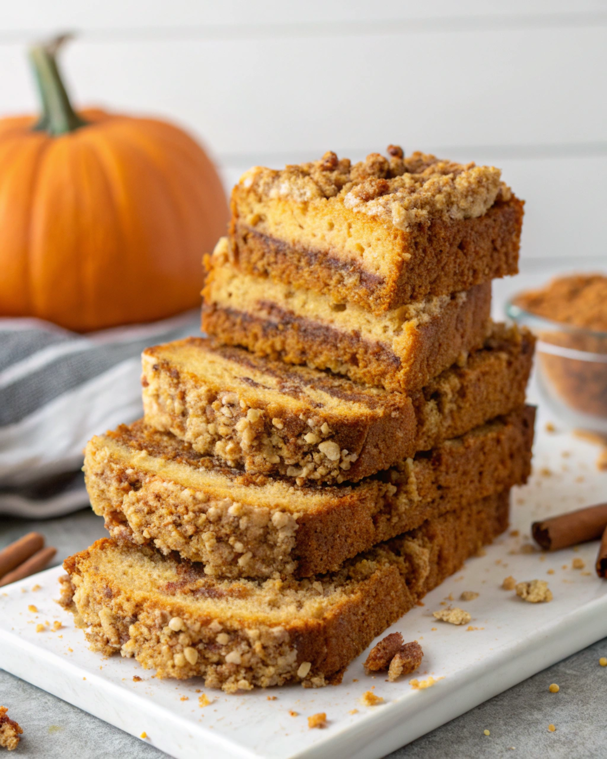 “Stack of Pumpkin Cinnamon Crumble Bread slices showing layers of moist pumpkin bread and crunchy topping.”