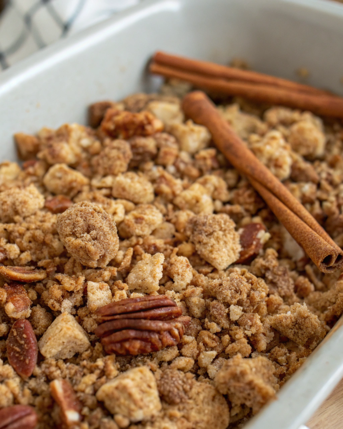 “Close-up of coarse cinnamon crumble topping before baking.”
