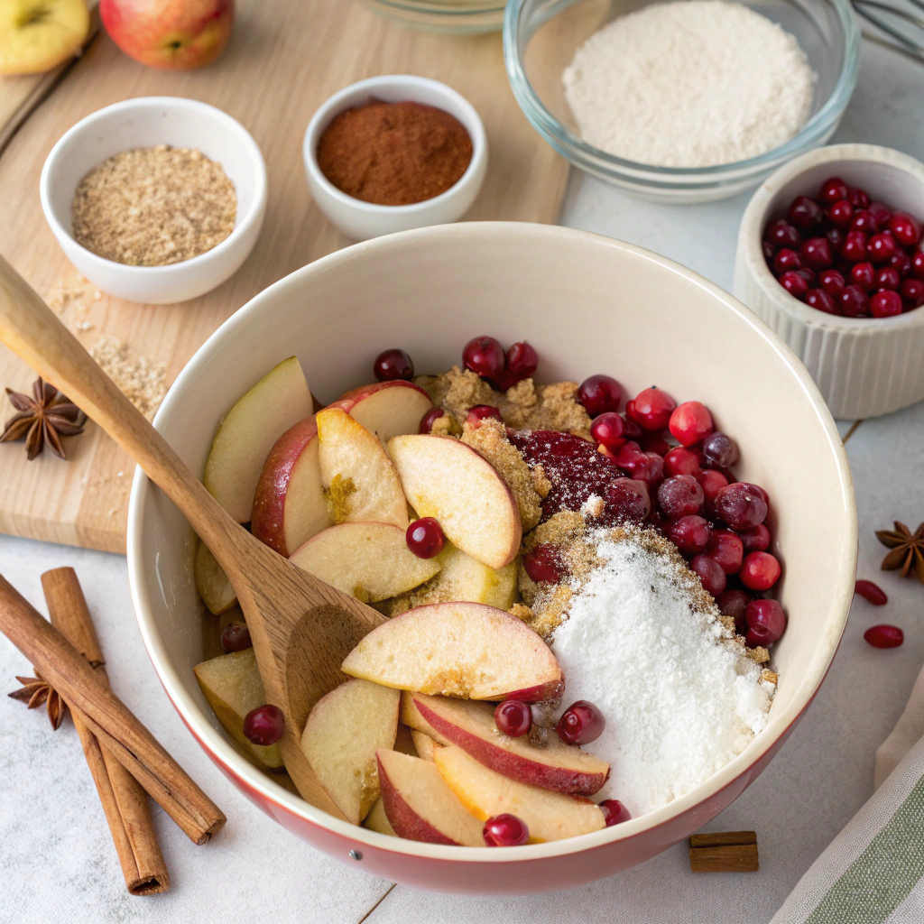Step-by-step preparation of Apple Cranberry Crisp, mixing ingredients in a bowl.