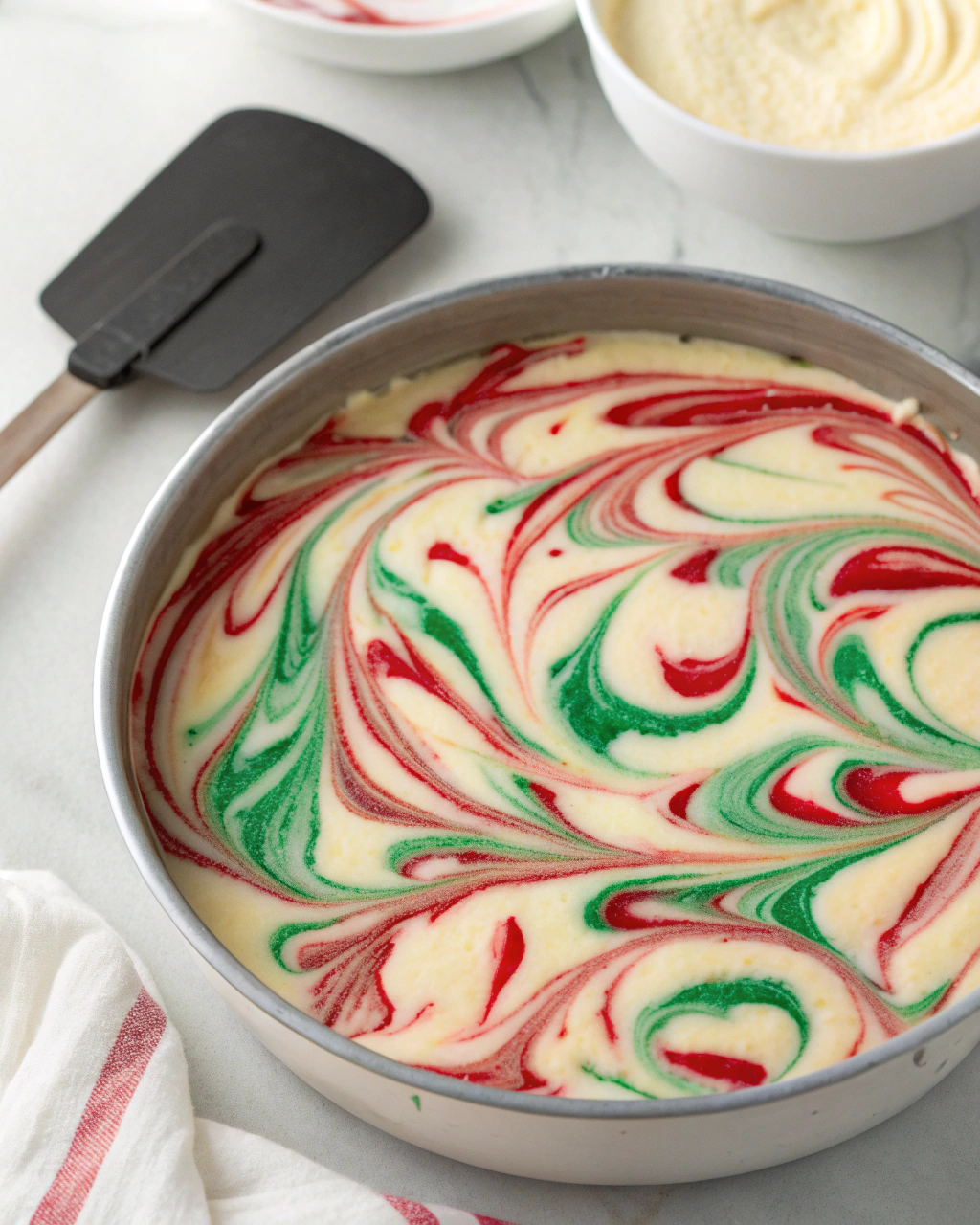Step-by-step preparation of Christmas Swirl No-Bake Cheesecake batter being swirled in a pan