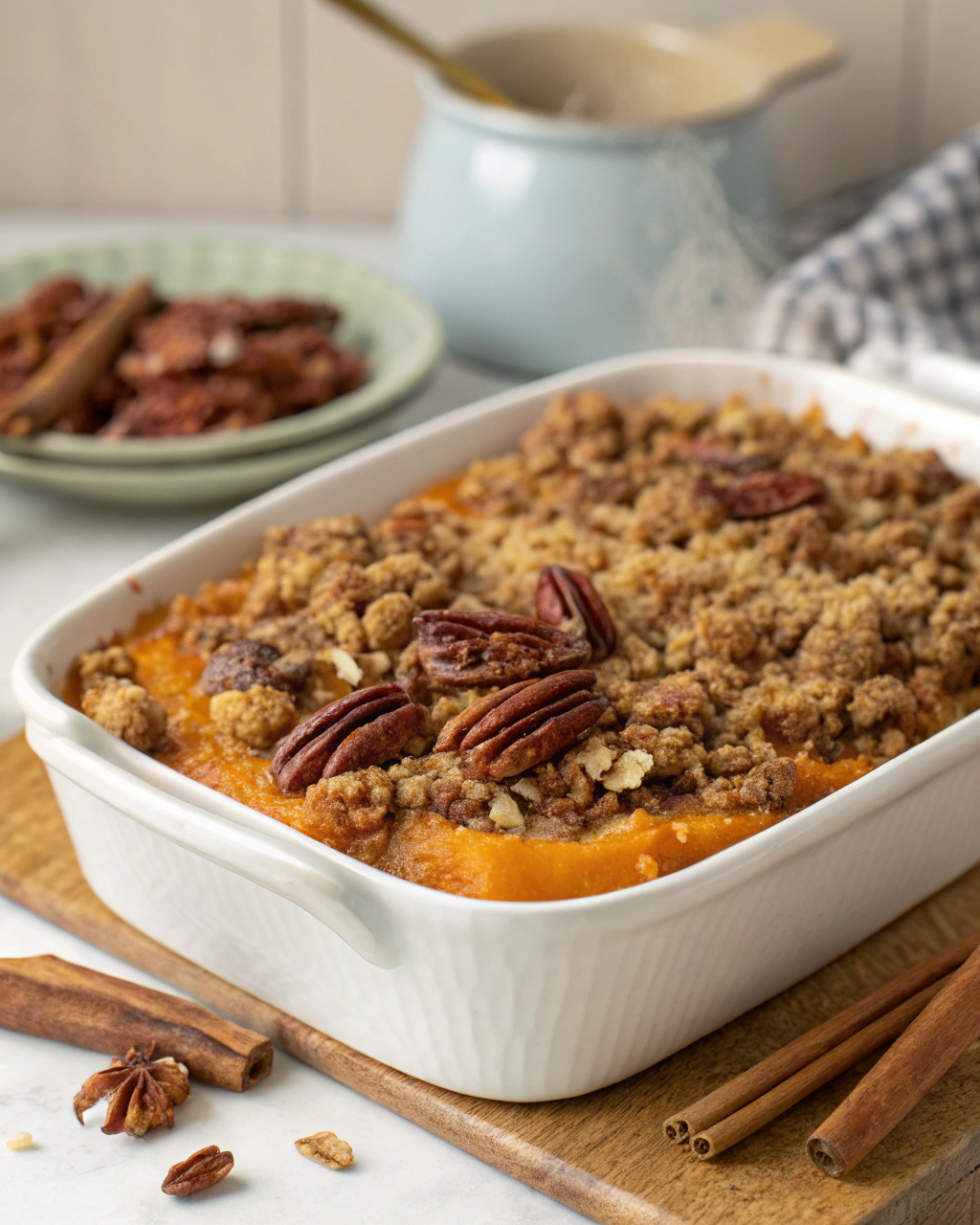 Sweet potato casserole topped with a crunchy pecan streusel