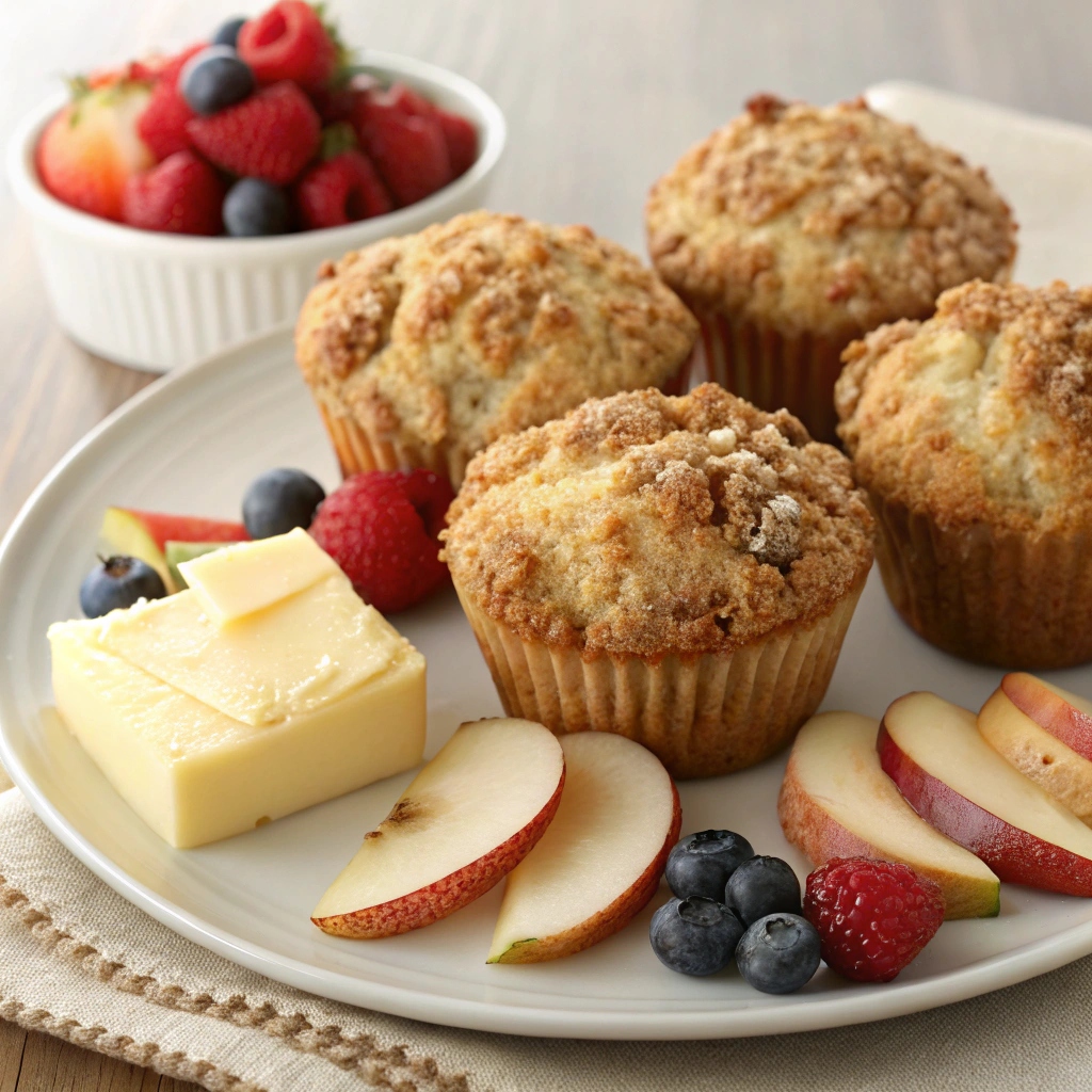 Warm apple crumb muffins on a plate with butter and fresh fruit