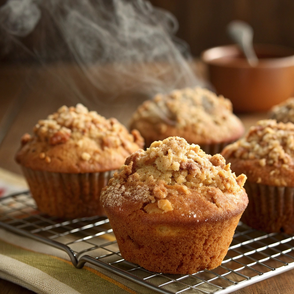 Golden-brown apple crumb muffins fresh out of the oven