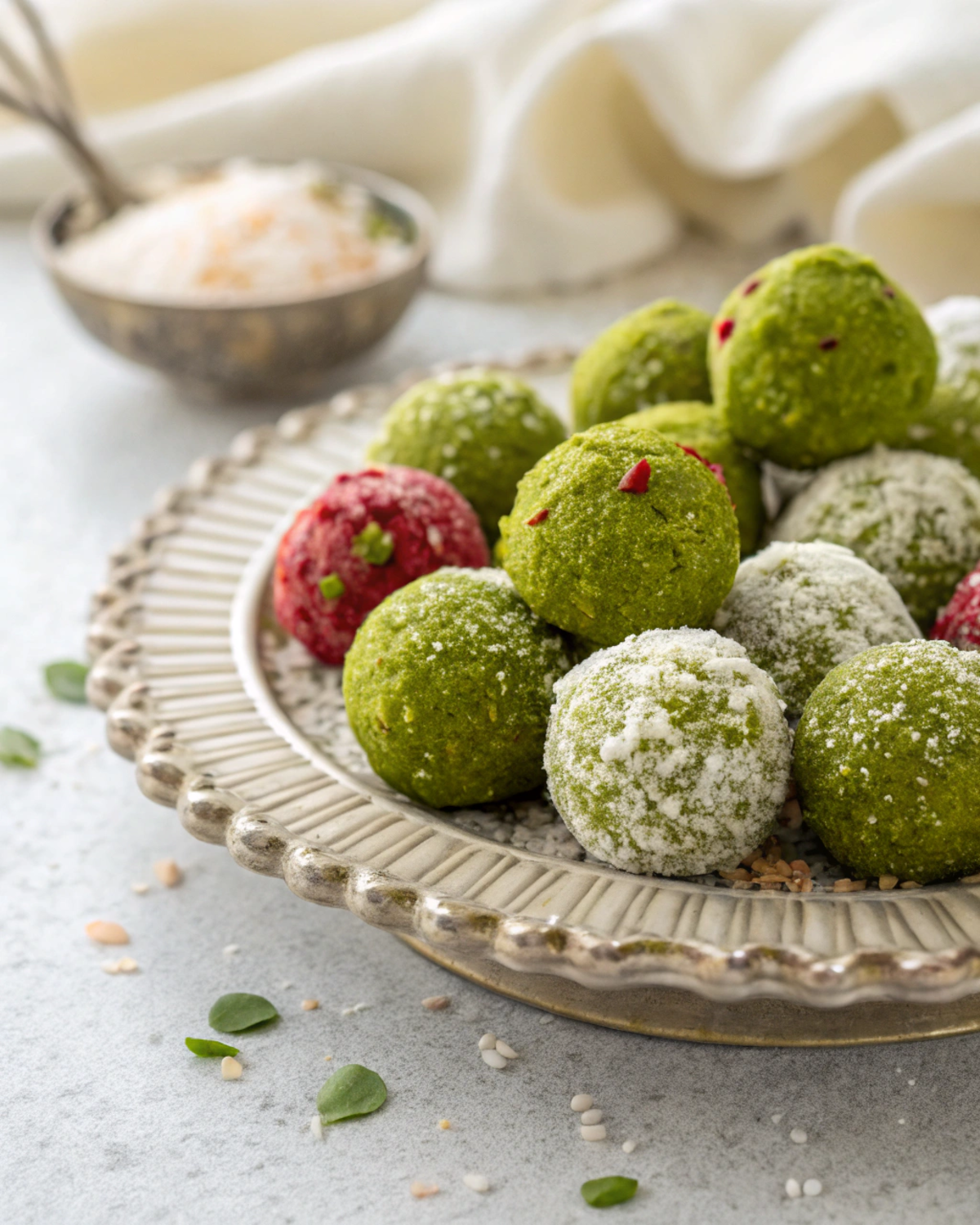 "Artfully arranged Coconut Matcha Energy Bites on a decorative platter."