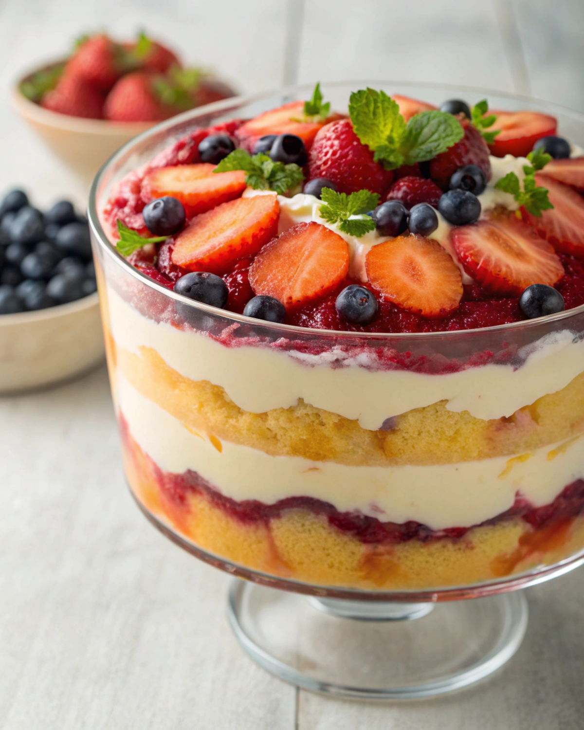 A beautifully layered trifle showcasing vibrant colors and ingredients.