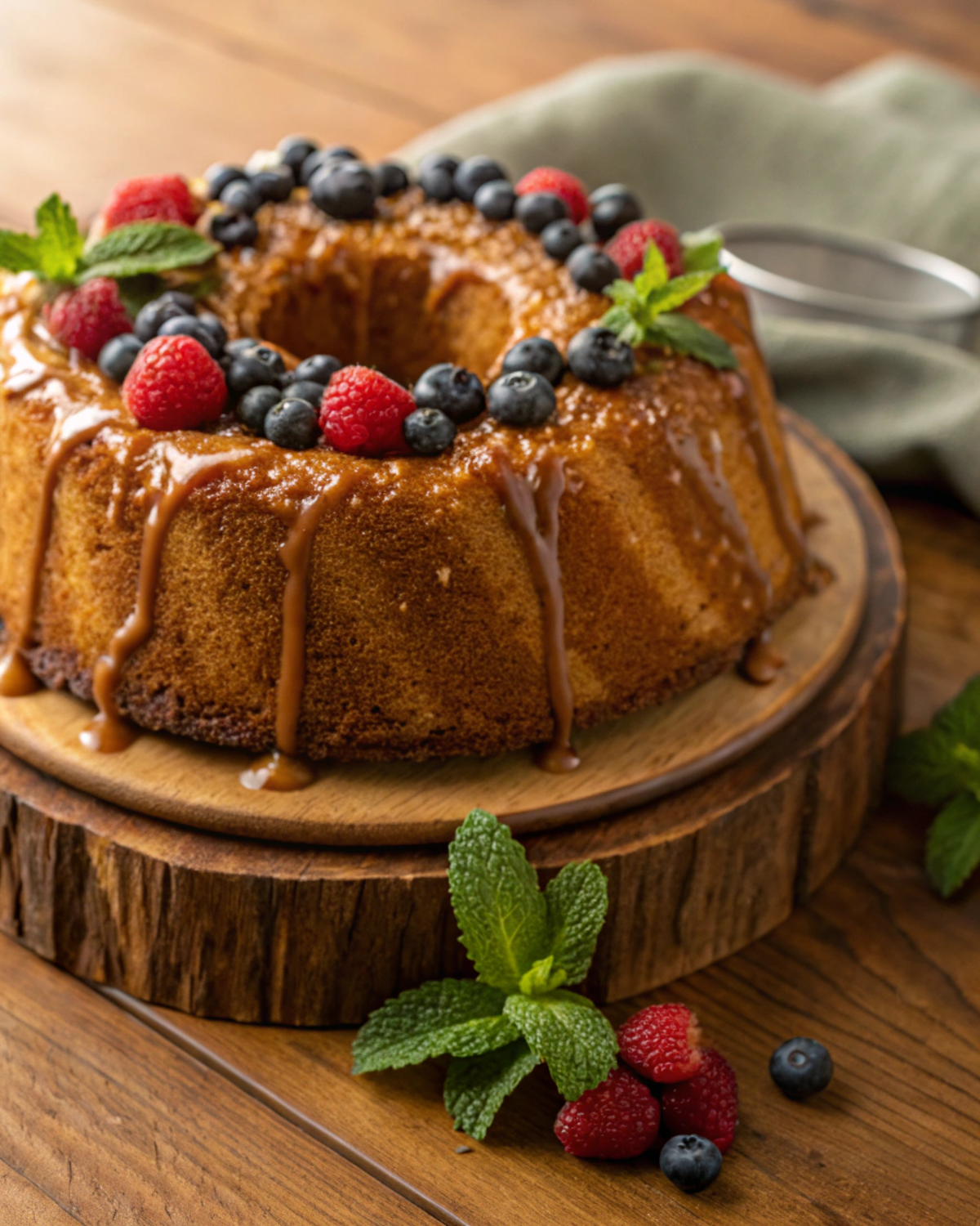 A beautifully presented Brown Sugar Caramel Pound Cake on a wooden table
