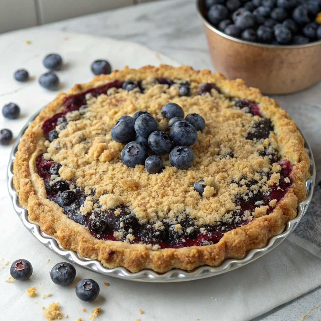 Beautifully styled Blueberry Buttermilk Crumb Pie with fresh blueberries on top.