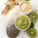 "Ingredients for Coconut Matcha Energy Bites including rolled oats, shredded coconut, matcha powder, and nut butter.