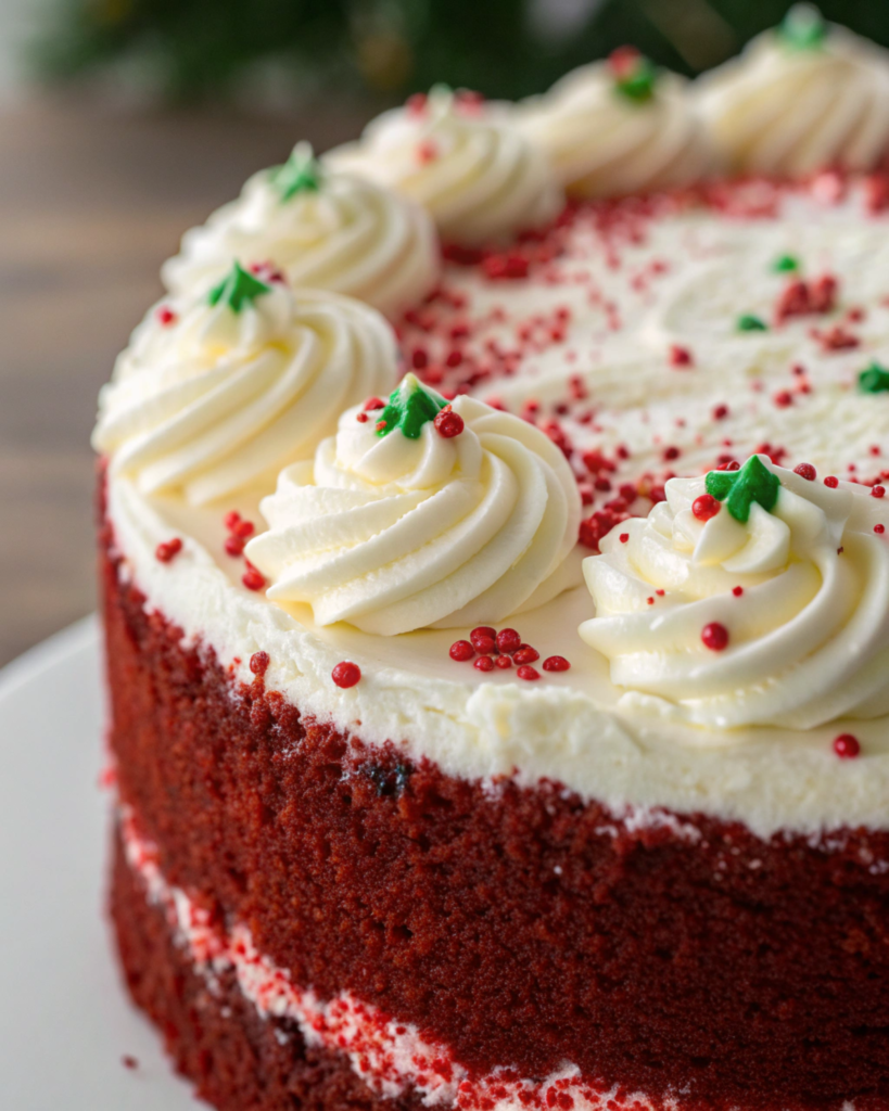 Decorated Red Velvet Christmas Cake with White Buttercream Frosting on a festive table setting
