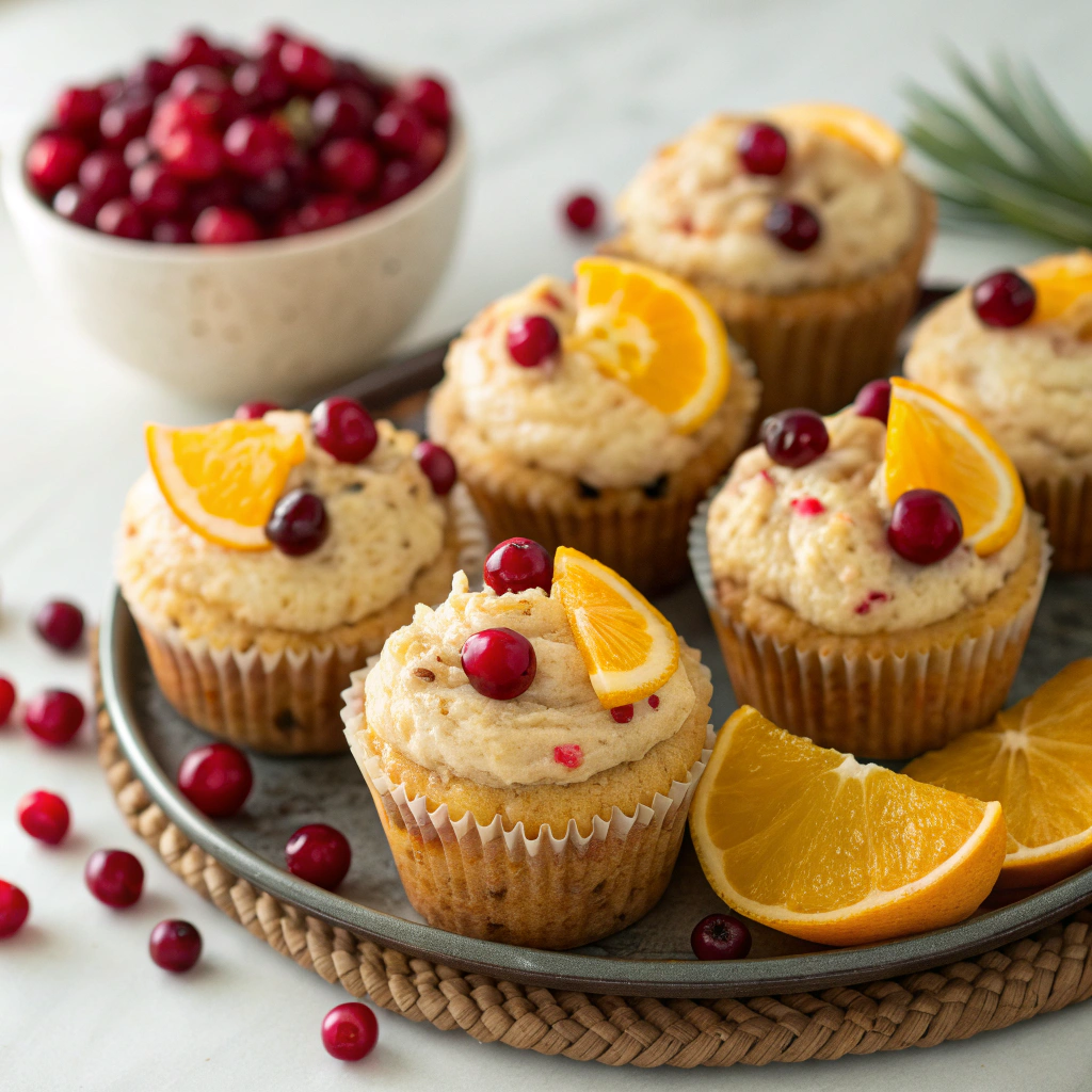 Cranberry Orange Dream Muffins arranged on a platter with fresh cranberries and orange slices