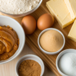Ingredients for Brown Sugar Caramel Pound Cake including brown sugar, butter, eggs, and flour.