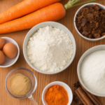Ingredients for Carrot Cake Bars with Cream Cheese Frosting, including carrots, flour, sugar, and spices