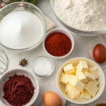 Ingredients for Red Velvet Christmas Cake with White Buttercream Frosting laid out on a table.