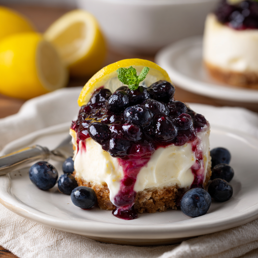 Sliced Tangy Lemon Cream Cheese Dessert topped with fresh blueberries and a lemon wedge.