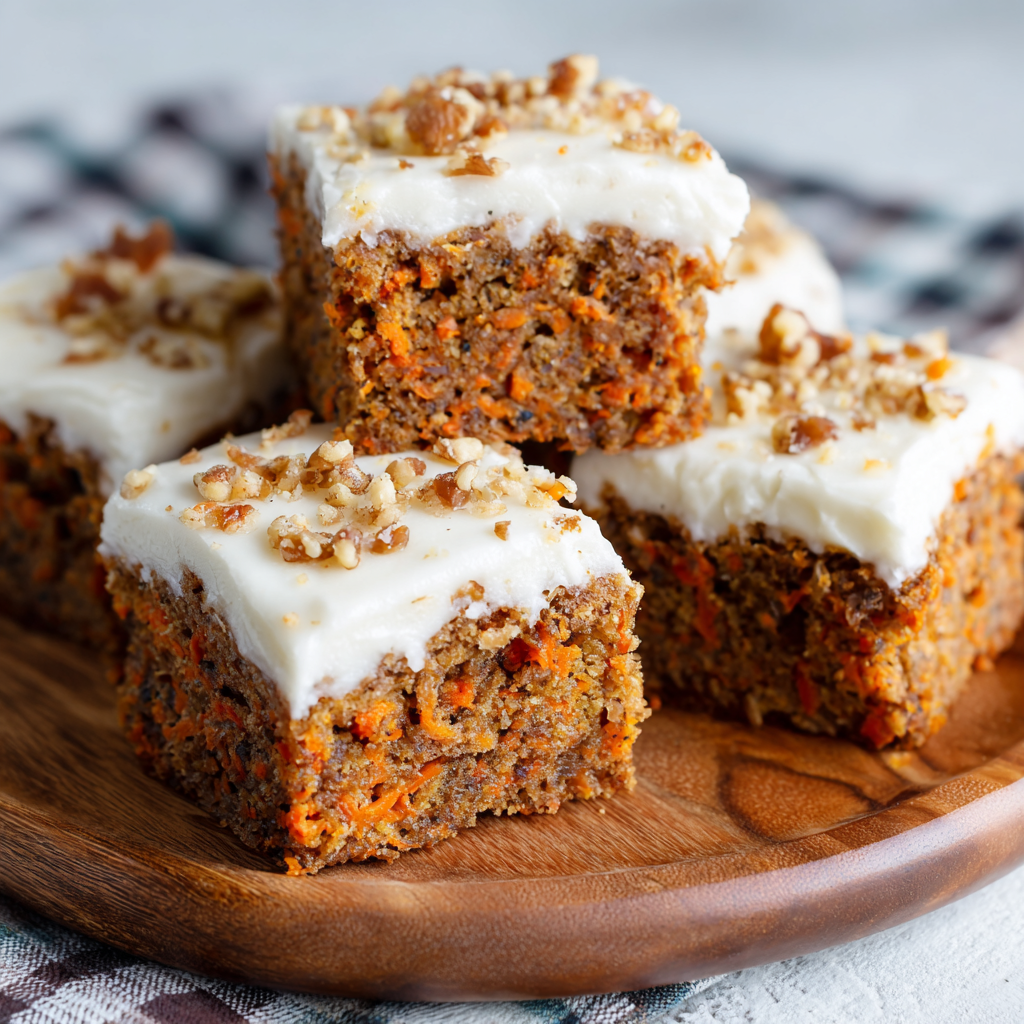 A beautiful plate of Carrot Cake Bars with Cream Cheese Frosting and decorative garnishes