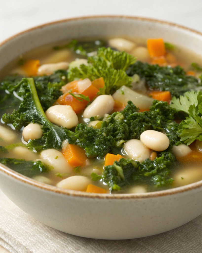 A steaming bowl of Kale & White Bean Soup garnished with fresh herbs.