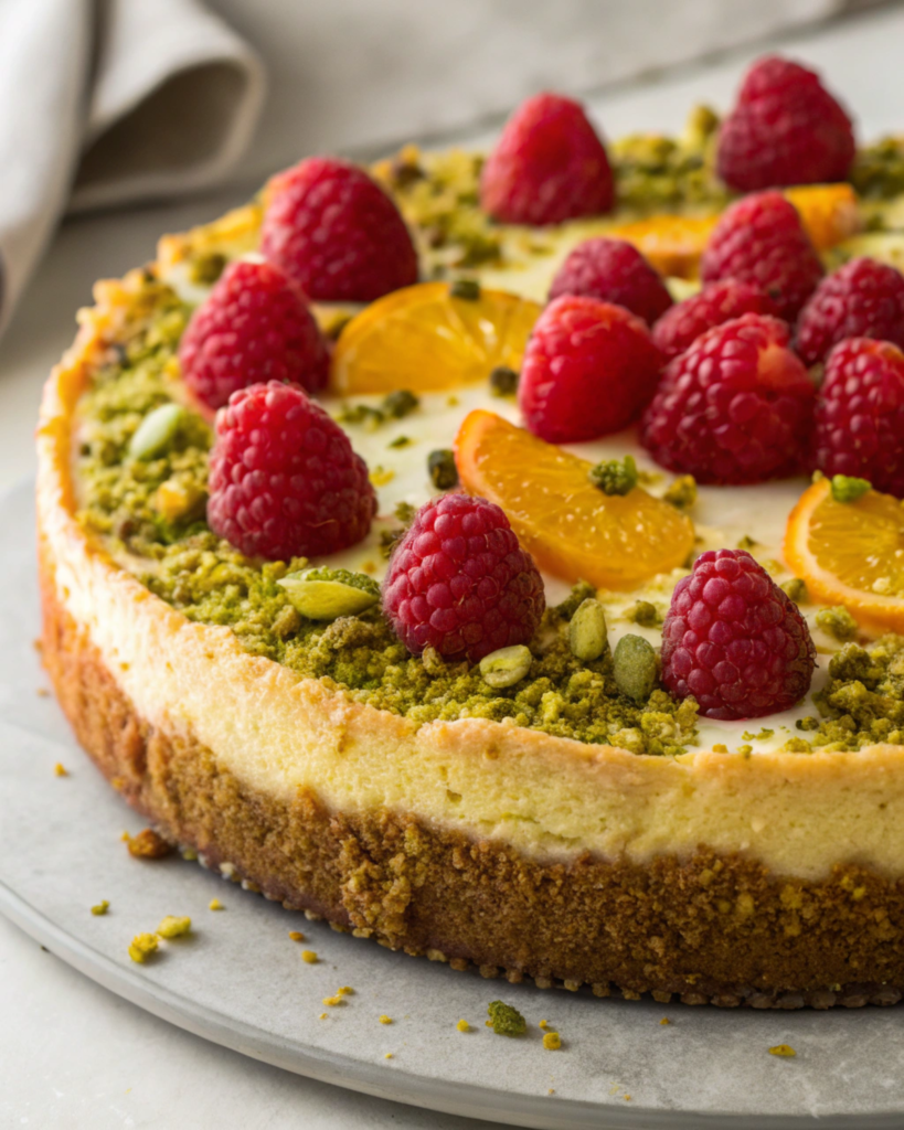 A beautiful Raspberry Orange Pistachio Ricotta Cake topped with fresh raspberries and pistachios.