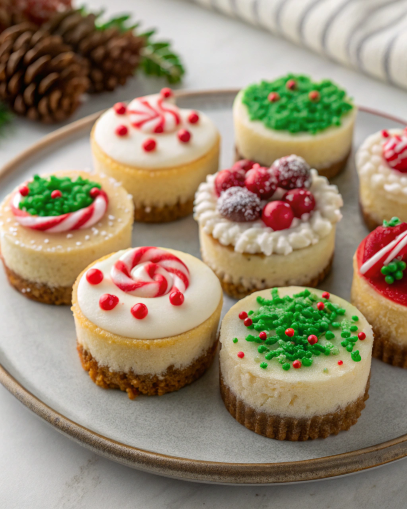 Various flavored No-Bake Christmas Mini Cheesecakes decorated for the holidays.