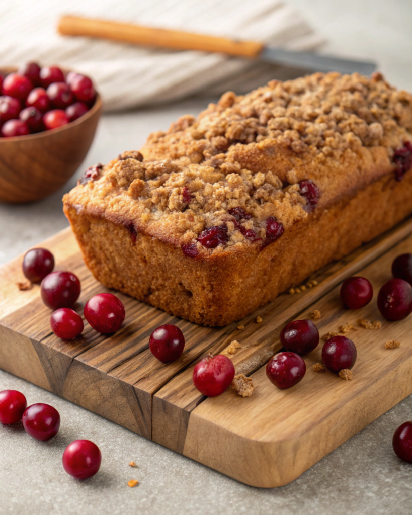 Whole Cranberry Cinnamon Crumble Loaf on a cutting board with cranberries around it.
