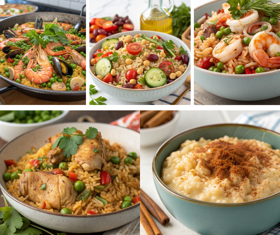 An array of key ingredients used in iconic Spanish rice recipes.