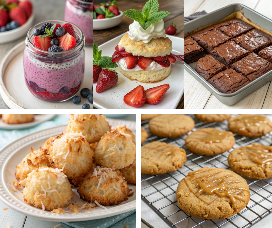 An assortment of gluten-free desserts including cookies, brownies, and chia pudding