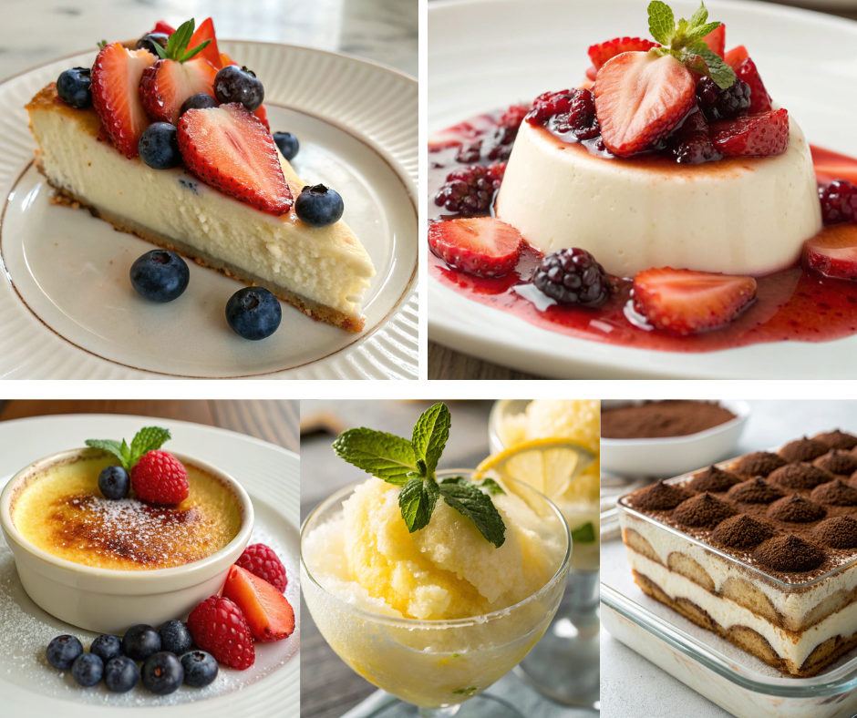 An assortment of easy Italian desserts including tiramisu, panna cotta, ricotta cheesecake, zabaione, and lemon sorbet