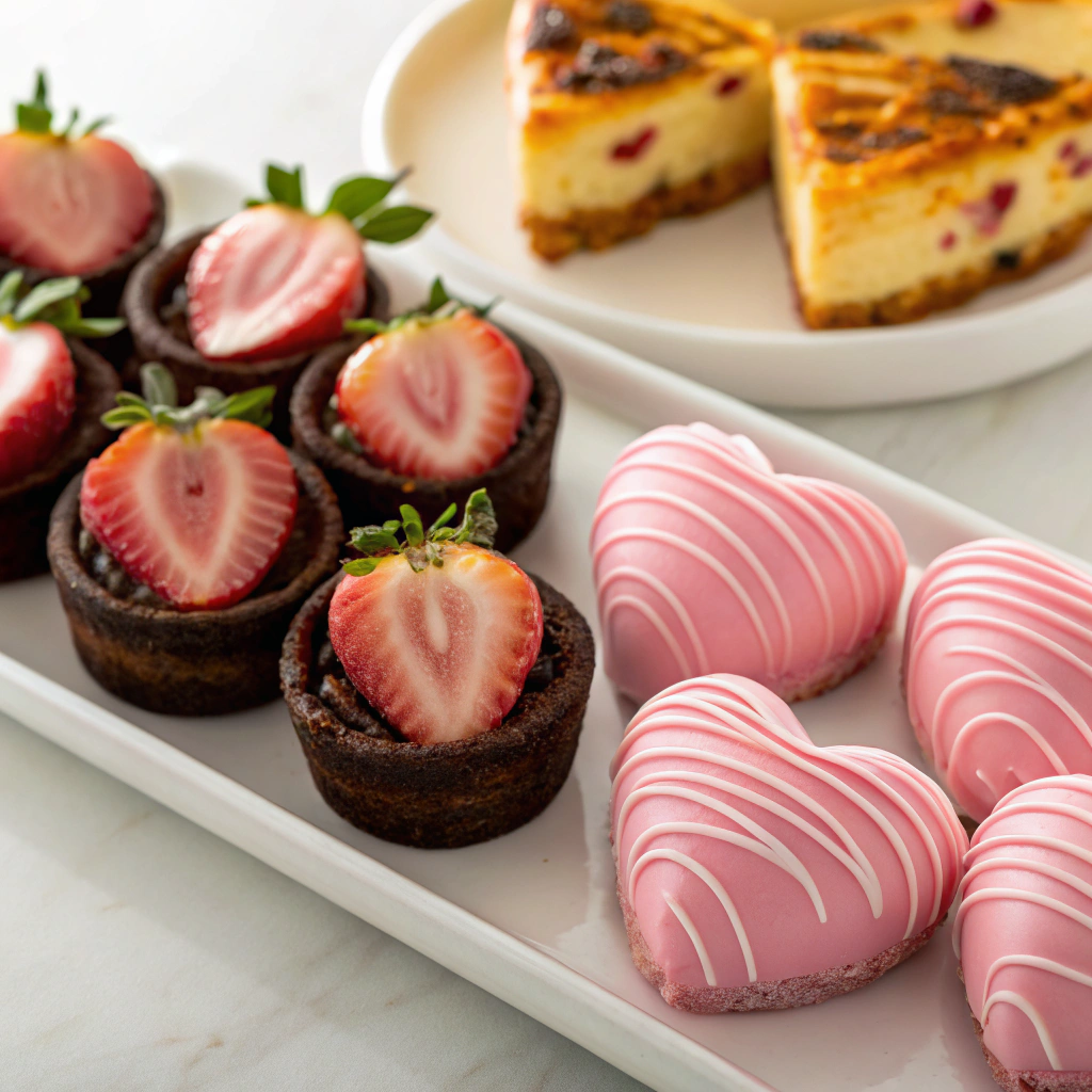 An assortment of beautifully presented Valentine’s desserts, including pink chocolate covered strawberry brownies, mini burnt Basque cheesecakes, and more.