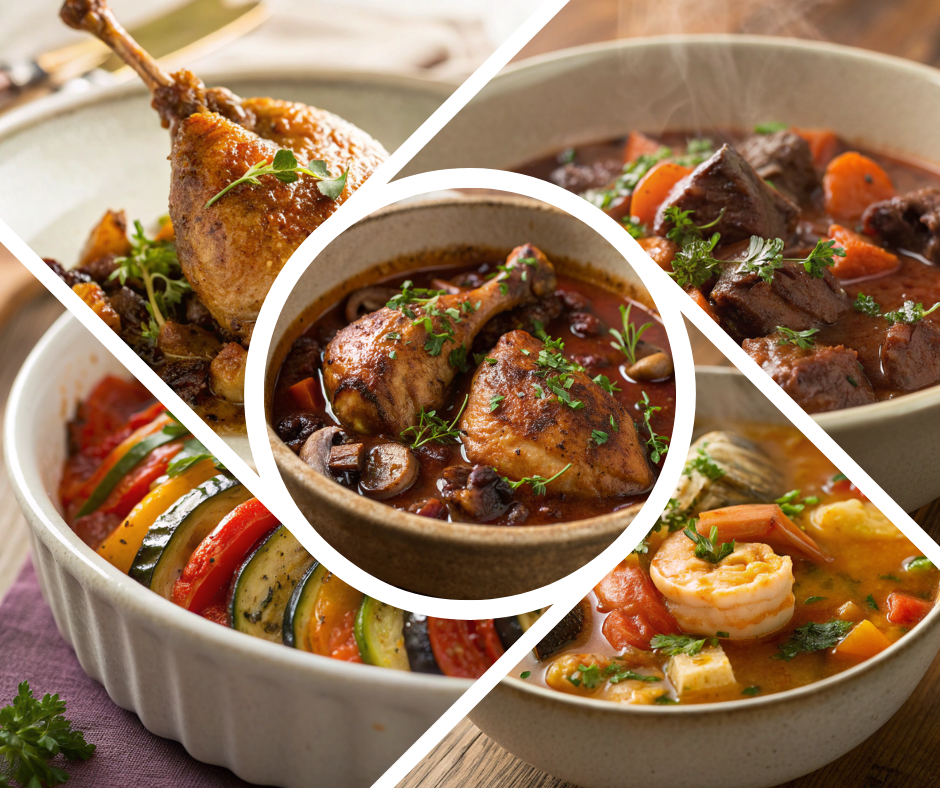 A beautifully arranged table setting with a variety of classic Dinner French Recipes, including Coq au Vin, Ratatouille, Boeuf Bourguignon, Duck Confit, and Bouillabaisse, showcasing the elegance of French cuisine.
