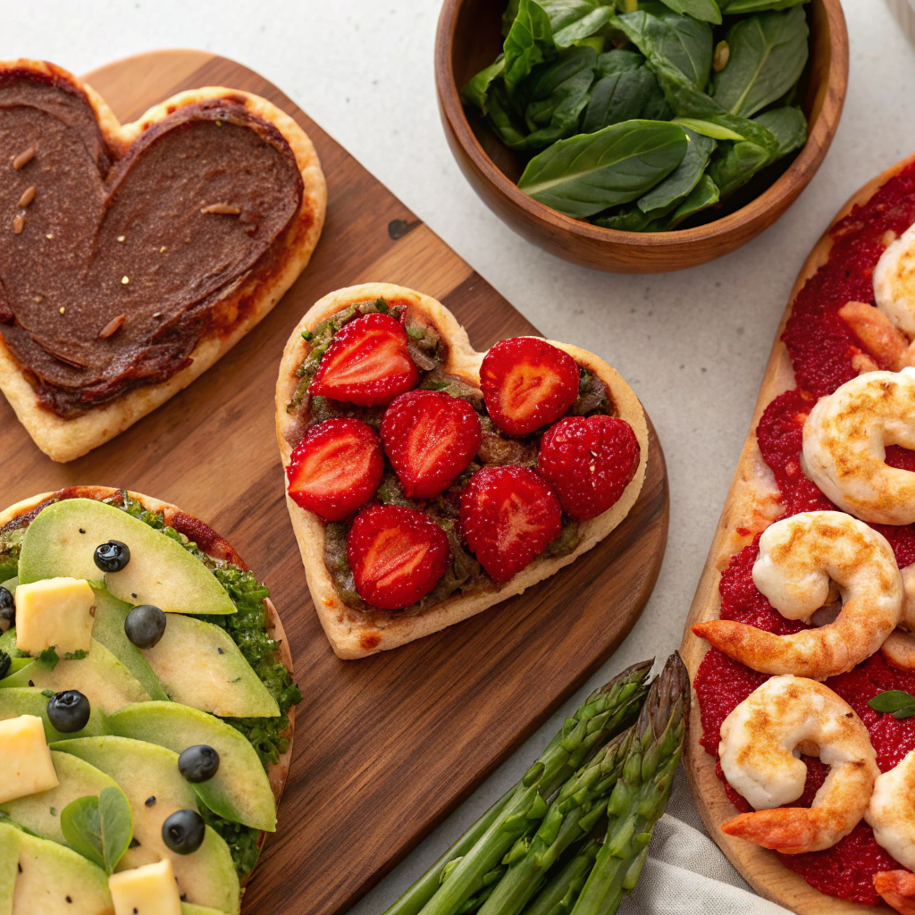 A beautiful spread of Valentine's Day-ready recipes, including heart-shaped mini pizzas, chocolate avocado mousse, strawberry spinach salad, lemon garlic butter shrimp and asparagus, and red velvet pancakes.