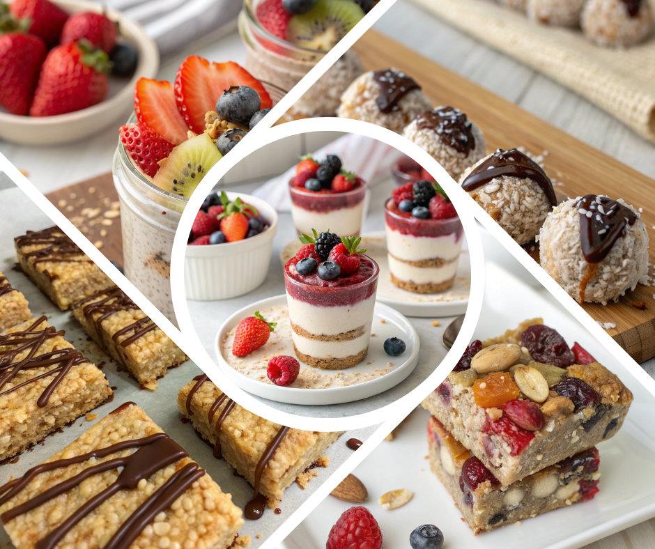 An array of no-bake vegan treats including chocolate peanut butter bars, energy bites, and cheesecake cups arranged on a wooden surface.