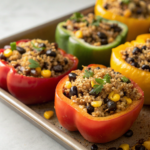 Vegan stuffed bell peppers filled with quinoa, black beans, and corn