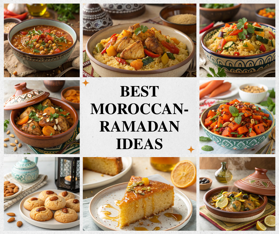 A colorful spread of Best Moroccan Ramadan Recipes, including Chicken Tagine, Couscous, and delicious desserts, perfect for Iftar.
