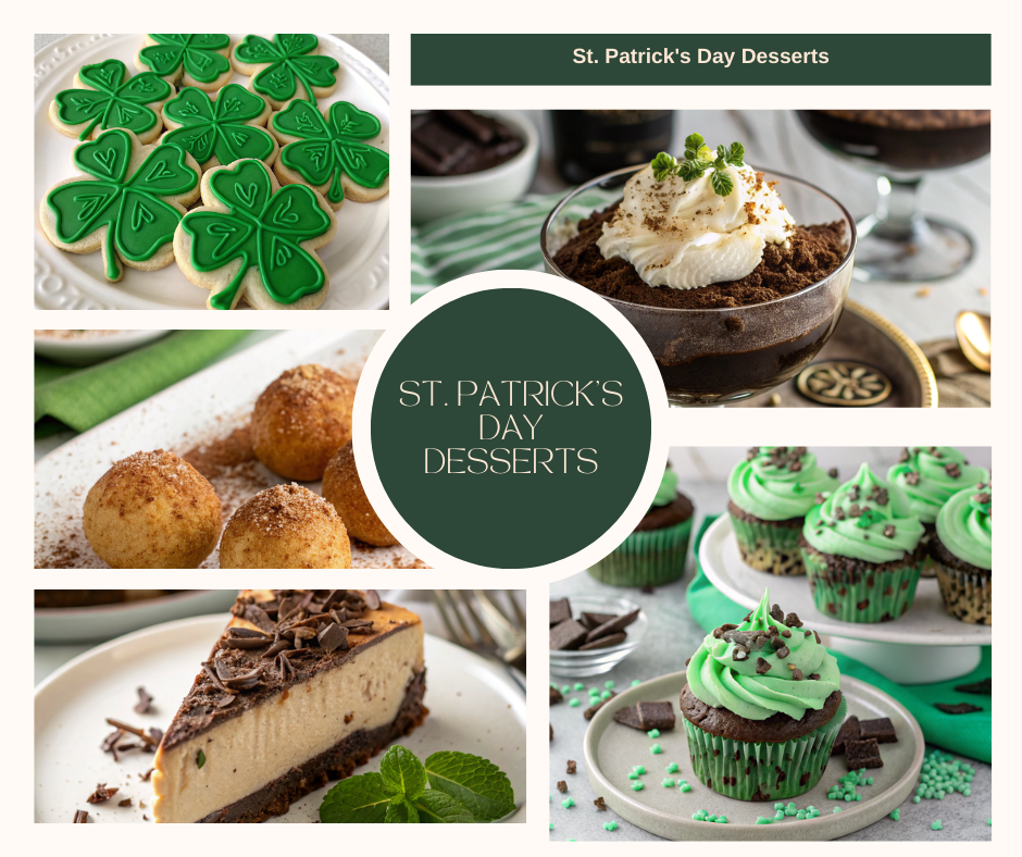 An enticing spread of St. Patrick's Day Desserts including Irish Cream Cheesecake, Mint Chocolate Chip Cupcakes, Shamrock Sugar Cookies, Irish Potatoes, and Baileys Chocolate Mousse arranged on a festive table.
