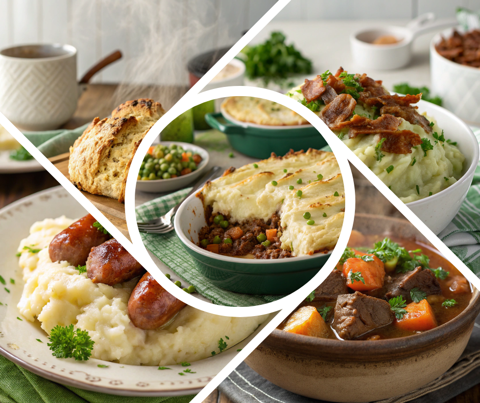 A festive spread of St. Patrick's Day Dinner Recipes featuring Classic Irish Beef Stew, Creamy Colcannon, Irish Soda Bread, Bangers and Mash, and Shepherd's Pie on a rustic wooden table.