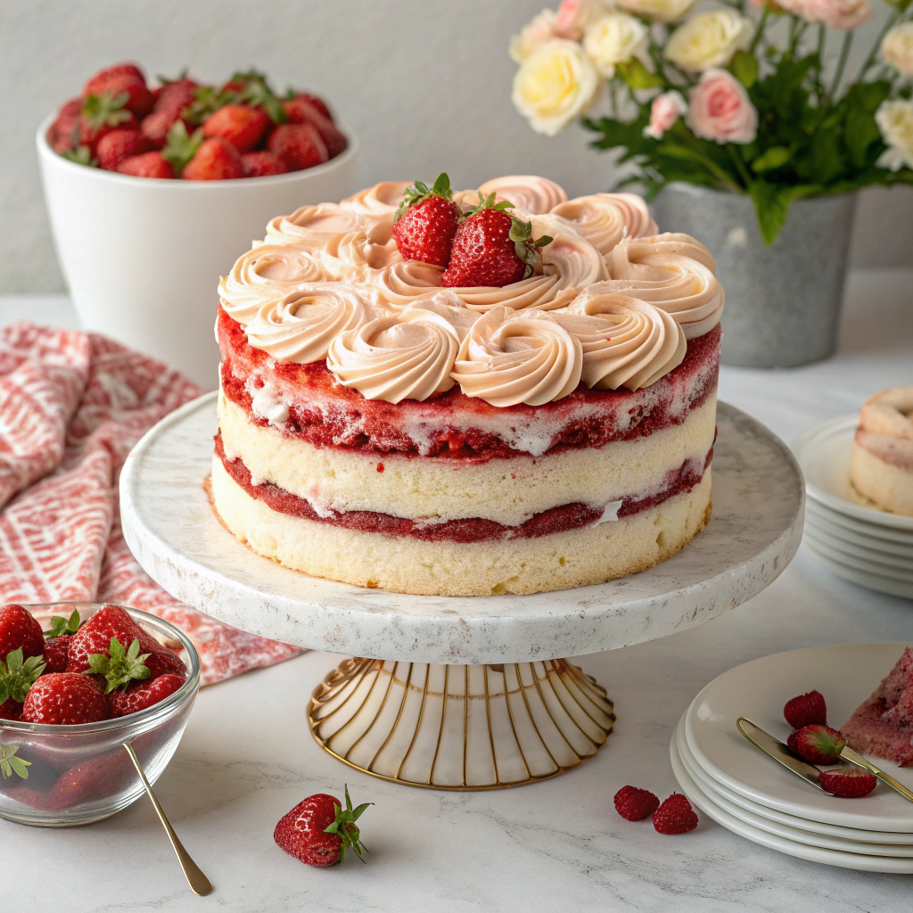A beautifully decorated Strawberry Earthquake Cake as the centerpiece
