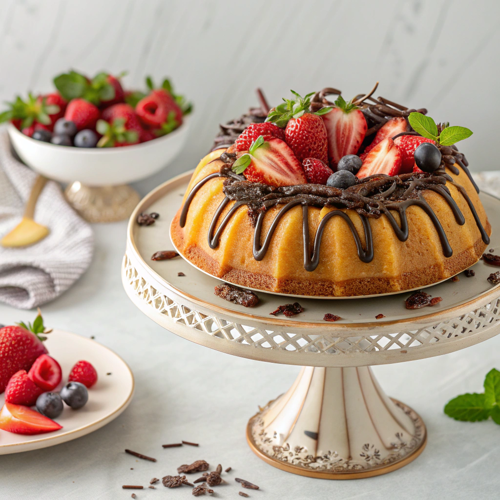 A stunning bundt cake prominently displayed with elegant garnishing for a feature presentation.